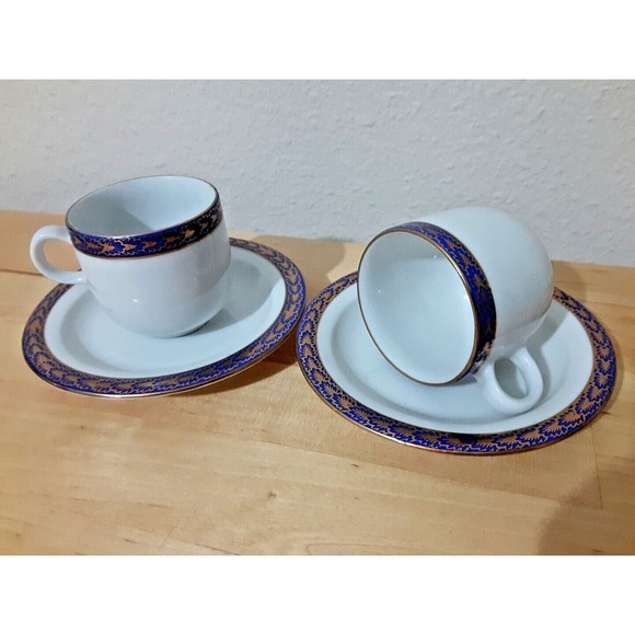 Antique Walbrzych Demi Cups & Saucers Porcelain White Blue Gold Trim Set of 2 - Picture 1 of 7